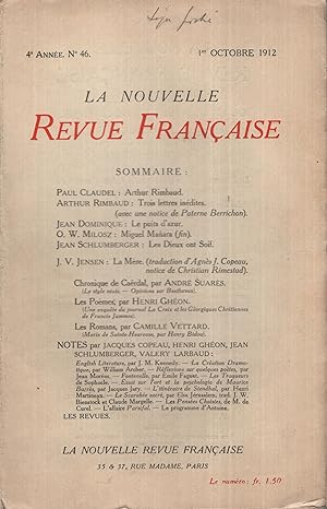 Bild des Verkufers fr La Nouvelle Revue Franaise Octobre 1912 N 46 zum Verkauf von PRISCA