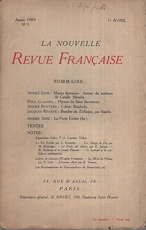 Seller image for La Nouvelle Revue Franaise Avril 1909 N 3 for sale by PRISCA