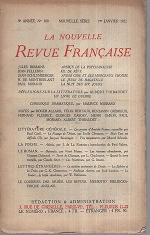 Imagen del vendedor de La Nouvelle Revue Franaise Janvier 1922 N 100 a la venta por PRISCA