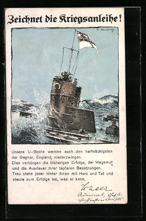 Künstler-Ansichtskarte Zeichnet die Kriegsanleihe!, U-Boot auf See