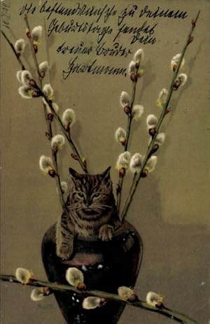 Künstler Ansichtskarte / Postkarte Mailick, Katze in einer Blumenvase, Weidenkätzchen