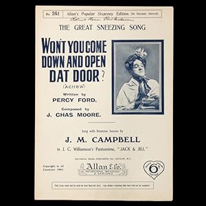 Bild des Verkufers fr [SHEET MUSIC] Won't you come down and open dat door? ("achew"). zum Verkauf von Douglas Stewart Fine Books