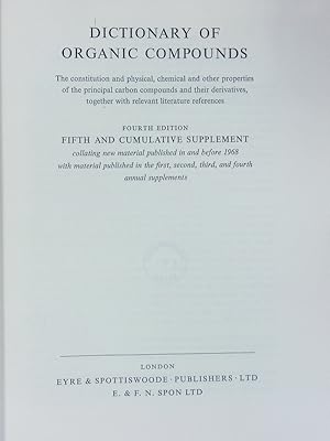 Seller image for Dictionary of Organic Compounds. Fourth Edition. Fifth and cumulative supplement collating new material published in and before 1968. for sale by Antiquariat Bookfarm
