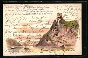 Lithographie Loreley mit Harfe auf dem Felsen am Rhein sitzend