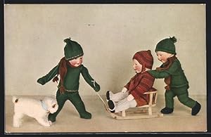 Ansichtskarte Käthe Kruse-Puppen spielen mit Schlitten, Hund