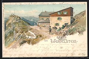Künstler-Ansichtskarte Edward Theodore Compton: Wendelstein-Berghütte mit Wanderer