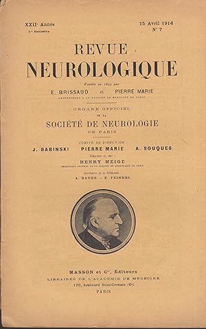 Image du vendeur pour Revue Neurologique 15 avril 1914 mis en vente par Librairie Lalibela