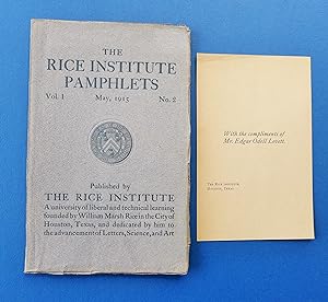 Image du vendeur pour The Rice Institute Pamphlets, Vol. I, No. 2. May, 1915. "Henri Poincar." Translated by Griffith Conrad Evans. Bound with: Borel: "Molecular Theories and Mathematics." Translated by Albert Lon Gurard mis en vente par My Father's Books