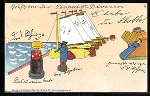 Ansichtskarte Holzspielzeug Segelschiffe und Figuren am Hafen