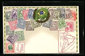 Ansichtskarte Briefmarken, Kranz mit brasilianischer Flagge