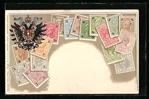 Präge-Ansichtskarte Österreich, Briefmarken und Doppeladler