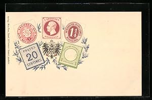 Ansichtskarte Deutsche Briefmarken 1 Groschen, 20 Centimes, 1 Kreuzer, 1 1 /4 Schilling