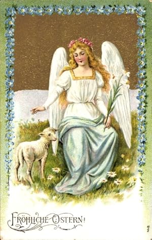 Präge Litho Glückwunsch Ostern, Engel mit einem Lamm, Lilien