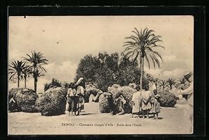 Ansichtskarte Tripoli, Chameaux charges d`Alfa, Halte dans L`Oasis