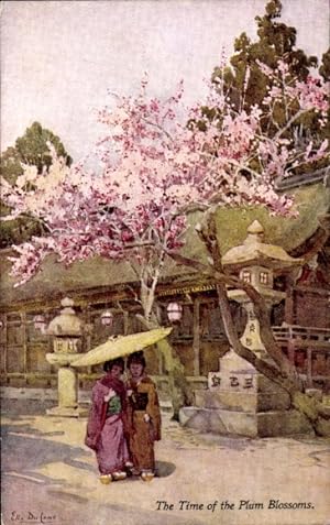 Künstler Ansichtskarte / Postkarte Japan, Zwei Frauen, Sonnenschirm, Blühender Baum