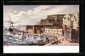 Künstler-Ansichtskarte F.Perlberg: Malta, Partie am Hafen, Segelboote, Kreuzfahrtschiff