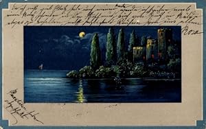 Mondschein Präge Ansichtskarte / Postkarte Schloss, Bäume, Wasserpartie, Nacht