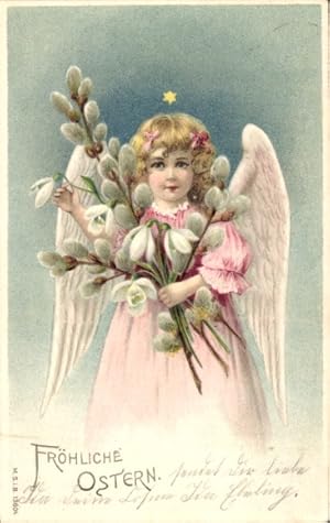Litho Ostern, Engel mit Weidenkätzchenzweigen und Schneeglöckchen