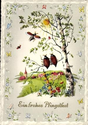 Ansichtskarte / Postkarte Frohe Pfingsten, Maikäfer, Schmetterlinge, Birke
