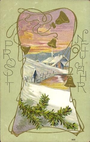 Passepartout Ansichtskarte / Postkarte Glückwunsch Neujahr, Glocken, Tannenzweig