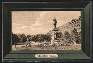 Ansichtskarte Helsingfors, Ortspartie mit Denkmal, Passepartout