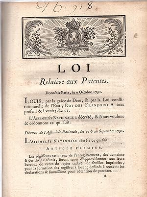 Seller image for Loi relative aux patentes : donne  Paris, le 9 octobre 1791. for sale by Librairie Lalibela