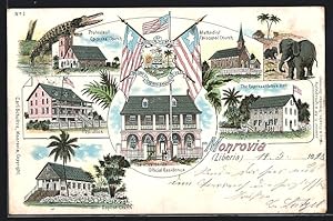 Lithographie Monrovia, Representative Hall, Presidents Official Residence, Baptist Church, ELepha...