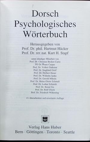 Bild des Verkufers fr Dorsch Psychologisches Wrterbuch. zum Verkauf von Antiquariat Bookfarm