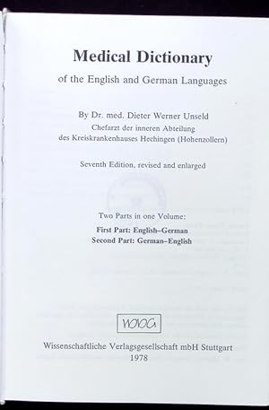 Image du vendeur pour Medical dictionary of the English and German languages. mis en vente par Antiquariat Bookfarm