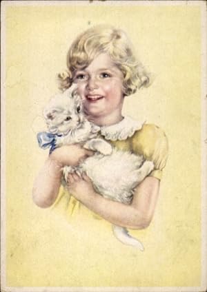 Ansichtskarte / Postkarte Junges Mädchen mit weißer Hauskatze in Händen
