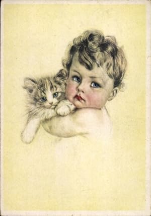 Ansichtskarte / Postkarte Kleinkind mit junger Katze im Arm