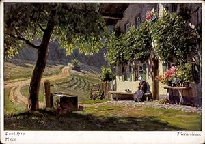 Künstler Ansichtskarte / Postkarte Hey, Paul, Morgensonne, Frau und Katze auf einer Bank, Bauernh...