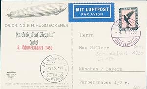 Ansichtskarte / Postkarte 5. Schweizfahrt 04.07.1930, LZ 127 Graf Zeppelin, Hugo Eckener
