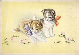 Ansichtskarte / Postkarte Zwei junge Katzen, Blumen, Schleifen