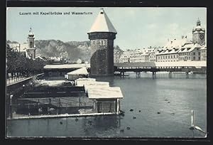 Ansichtskarte Luzern, Kapellbrücke mit Wasserturm im Winter