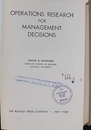 Bild des Verkufers fr Operations Research for Management Decisions zum Verkauf von books4less (Versandantiquariat Petra Gros GmbH & Co. KG)