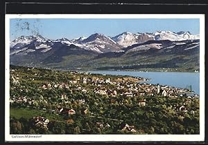 Ansichtskarte Uetikon-Männedorf, Totalansicht mit den Alpen