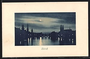 Ansichtskarte Zürich, Stadtansicht bei Mondschein