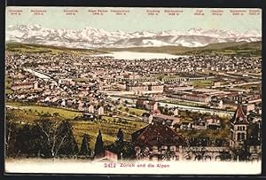 Ansichtskarte Zürich, Gesamtansicht und die Alpen