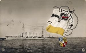 Ansichtskarte / Postkarte Deutsches Kriegsschiff, SMS Breslau, Kaiserliche Marine, Fahne, Wappen