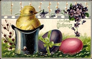 Präge Ansichtskarte / Postkarte Glückwunsch Ostern, Küken im Zylinder, Ostereier, Veilchen, Weide...