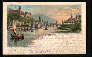 Lithographie Heidelberg / Neckar, Leute im Boot auf Wasser, Brücke