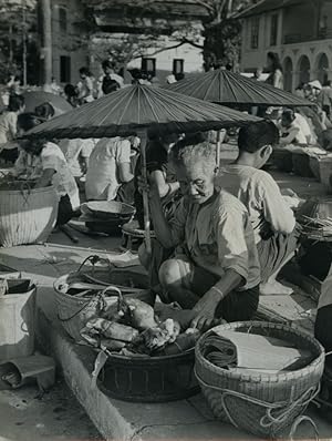 Indochina Elderly woman selling at market Sunshade Old Photo 1950