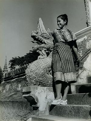 Indochina Laos Ventiane Pha That Luang Young Woman Naga Old Photo 1950