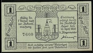 Immagine del venditore per Notgeld Hoyer 1920, 1 Mark, Stadtwappen, Stadtansicht mit Windmhle, Getreidebndel, Gott schtze unsere Waterkant. venduto da Bartko-Reher