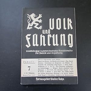 Bild des Verkufers fr Volk und Fhrung - Unabhngige sudetendeutsche Monatshefte fr Politik und Erziehung, Nr. 7 (3. (8) Jahrgang, Juli 1937) zum Verkauf von Bookstore-Online