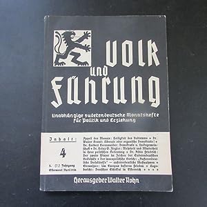 Bild des Verkufers fr Volk und Fhrung - Unabhngige sudetendeutsche Monatshefte fr Politik und Erziehung, Nr. 4 (2. (7) Jahrgang, April 1936) zum Verkauf von Bookstore-Online