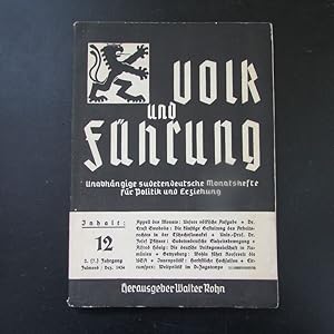 Bild des Verkufers fr Volk und Fhrung - Unabhngige sudetendeutsche Monatshefte fr Politik und Erziehung, Nr. 12 (2. (7) Jahrgang, Dez. 1936) zum Verkauf von Bookstore-Online