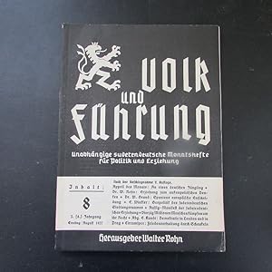 Bild des Verkufers fr Volk und Fhrung - Unabhngige sudetendeutsche Monatshefte fr Politik und Erziehung, Nr. 8 (3. (8) Jahrgang, August 1937) zum Verkauf von Bookstore-Online