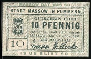 Seller image for Notgeld Massow in Pommern 1920, 10 Pfennig, Bauern und Wappen for sale by Bartko-Reher
